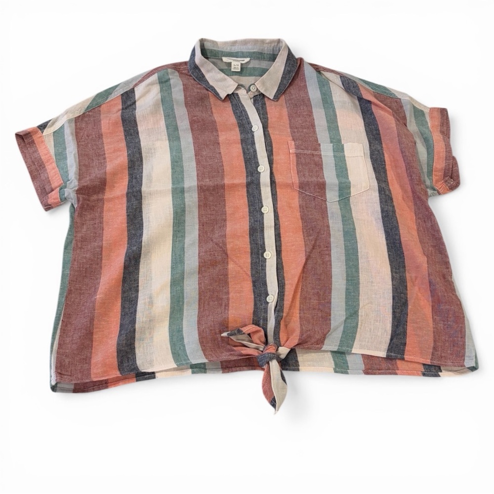 Beachlunchlounge Tie Front Blouse Women Large Pastel Striped Linen Cotton Top